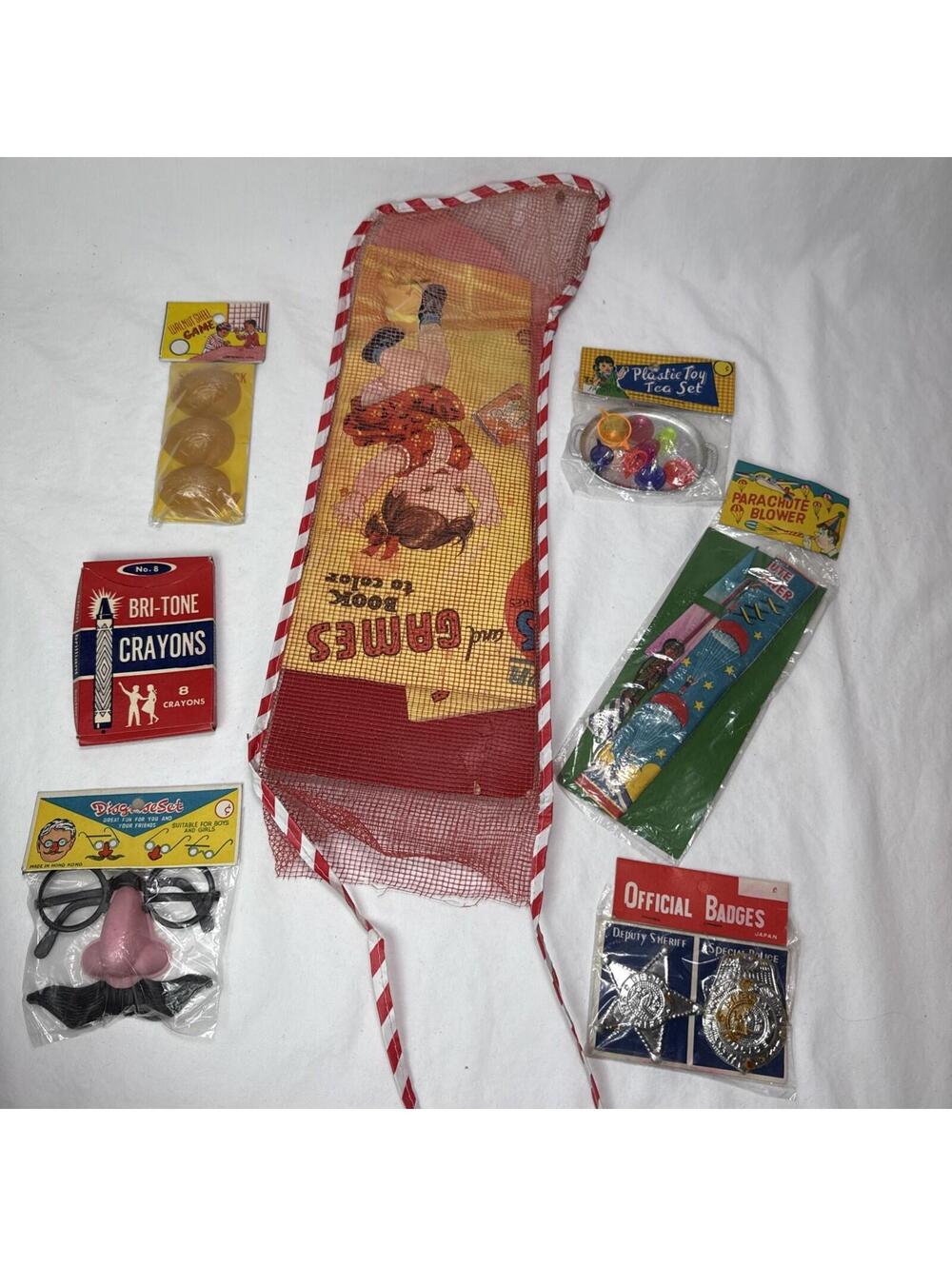 1950’s Rosen Christmas Mesh Stocking Toys Games Vintage New Old Stock READ